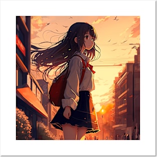 Magical Anime Sunset: Sailor Schoolgirl's Cityscape Journey Posters and Art